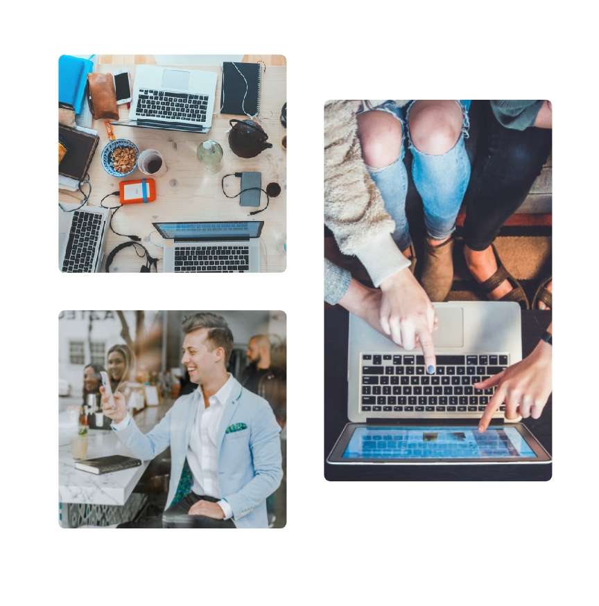Compilation of photos from left to right: an image of laptops, mugs, and phones on top of a working table, two individuals are learning about infrastructure management while pointing at the laptop screen. Below: A man is smiling while holding his phone in his right hand.